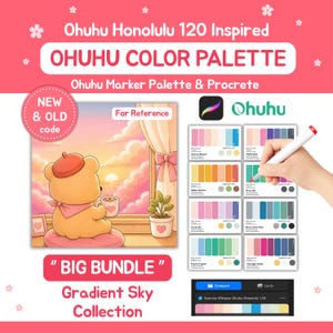 May include: A digital color palette bundle for Ohuhu Honolulu 120 markers, featuring an illustration of a bear looking at a sunset, eight color swatch cards with hex codes, and the text Ohuhu Honolulu 120 Inspired OHUHU COLOR PALETTE BIG BUNDLE.