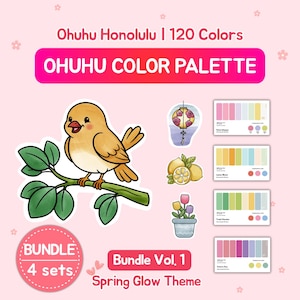 Peut inclure: Image présentant des palettes de couleurs Ohuhu sur le thème du printemps. On y voit un oiseau de dessin animé sur une branche, des illustrations de lanterne, de citrons et de tulipes. Le texte indique "Ohuhu Color Palette" et "Bundle Vol. 1 Spring Glow Theme."