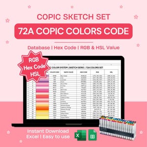 Copic Color Code Chart 72A Colors | Sketch Set | Excel Database HEX RGB HSL Value