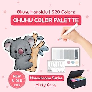 May include: An Ohuhu color palette set with 320 colors, featuring a koala illustration and a color chart. The text reads "Ohuhu Color Palette" and "Monochrome Series Misty Gray". A black carrying case is also visible.