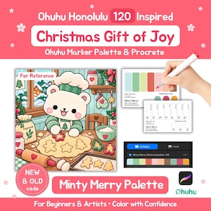 以下が含まれることがあります： Ohuhu Honolulu 120にインスパイアされたクリスマスの喜びのギフトマーカーパレットとProcreateセット。クッキーを焼くクマの参考イラスト、Minty Merryパレットコード付きのカラー見本カード、デジタルカラーパレットインターフェースが含まれています。