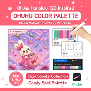 May include: A digital color palette guide for Ohuhu Honolulu 120 markers featuring a cartoon rabbit illustration, color swatch cards with Candy Spell labels, and a Procreate app interface. The design includes pink, purple, and white text elements.
