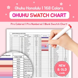 May include: A color swatch chart for Ohuhu Honolulu markers, featuring 168 colors. The chart includes color codes, names, and a hand holding a marker, with text indicating "New & Old Code".