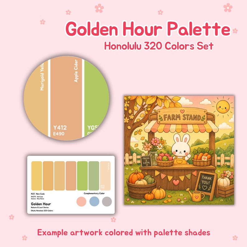 May include: An illustration of a color palette labeled "Golden Hour Palette Honolulu 320 Colors Set." The palette includes color swatches and an example artwork of a farm stand with a bunny. The text "Example artwork colored with palette shades" is also present.