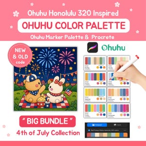 Könnte beinhalten: Ein digitales Ohuhu Honolulu 320 inspiriertes Farbpaletten-Paket für Procreate mit einer 4.-Juli-Illustration eines Bären und eines Hasen auf einer Picknickdecke unter Feuerwerk, inklusive mehrerer Farbkarten und einem Marker-Symbol.