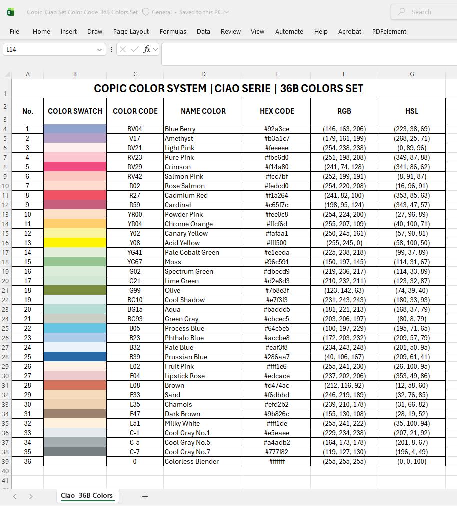 W1 Copic Code Copic Color Code Chart 36B Colors | Ciao Set | Excel Database HEX RGB ...