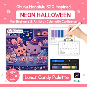 May include: A digital illustration featuring a pink rabbit and a purple bear in a Halloween setting with candy jars, text reading Ohuhu Honolulu 320 Inspired NEON HALLOWEEN, For Beginners & Artists, Color with Confidence, and Lunar Candy Palette.