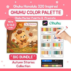 Pode incluir: Um conjunto de paletas de cores digitais para marcadores Ohuhu Honolulu 320 e Procreate, com uma ilustração de um urso com cachecol e gorro entre folhas de outono. Inclui vários cartões de amostras de cores, códigos e ícones de software.