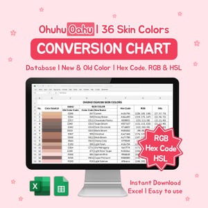 Pode incluir: Um monitor de computador exibe uma tabela de conversão para as cores de pele Ohuhu Oahu, incluindo códigos hexadecimais, RGB e HSL. A tabela é intitulada "CONVERSION CHART" e inclui uma tabela de amostras de cores. A imagem também inclui ícones do Excel.