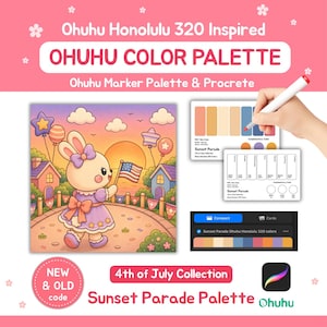 以下が含まれることがあります： Ohuhu Honolulu 320マーカー用のデジタルカラーパレットガイド。サンセットパレードをテーマに、アメリカ国旗を持つウサギのイラスト、カラー見本カード、デジタルアーティスト向けのProcreateアプリのインターフェースが含まれています。