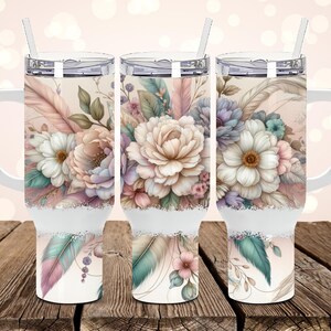 Pastel Flower Wrap for 40oz Tumbler, Boho Floral PNG Tumbler Design, Feather Sublimation Designs Downloads for 40 oz Tumbler