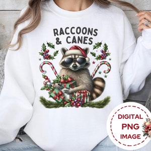 Drôle de Noël raton laveur PNG, mignon vacances poubelle Panda Sublimation Design, ratons laveurs et cannes de bonbon en téléchargement numérique, Design tendance