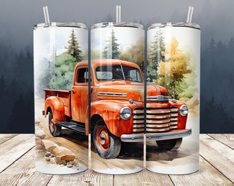 Classic American Pickup Truck 20 oz Skinny Tumbler, Sublimation Designs, Watercolor Vintage Red Truck Tumbler Wrap PNG, Digital Download