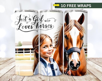 Bara en tjej som älskar hästar Tumbler Wrap, SÖMLÖS 20oz smal tumbler, PNG-sublimering, högkvalitativ 300DPI digital nedladdning, hästälskare