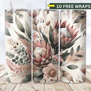 Plantilla de sublimación para vaso delgado de 20 oz con diseño floral de planta de protea, diseño digital de cactus, arbusto de azúcar PNG