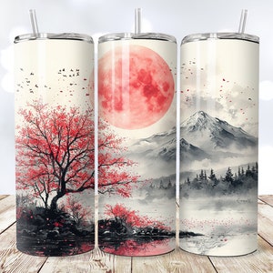 Sakura Nature Tumbler Wrap, kersenbloesemboom png-bundel, Japans sublimatieontwerp, 20oz bekerverpakking, Japanse lente bloemen, berg Fuji