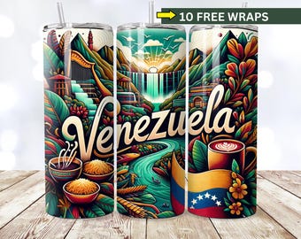 Può includere: Un bicchiere colorato con un design che presenta una cascata, montagne e la parola "Venezuela". Il bicchiere è circondato da piante e fiori tropicali. Il design include anche una bandiera venezuelana e una tazza di caffè.