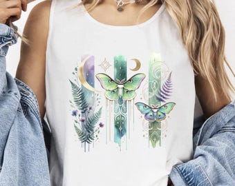 Luna Moth Tank Top, Celestial Cottagecore Top, Mystical Moon Tank, Green Witch Boho Tank Top, Witchy Gift for Her, Mom Gift PNG, Mothers Day