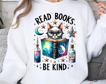 Read Books Be Kind Stay Weird PNG Shirt Design, Whimsigoth Bookish Tee Digital Download, Celestial Book Lover Sublimation File for Bookworm