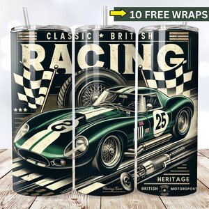May include: A green and white racing car with the number 25 on the side, driving on a chequered flag race track. The car is surrounded by the text "CLASSIC BRITISH RACING" and "HERITAGE BRITISH MOTORSPORT".