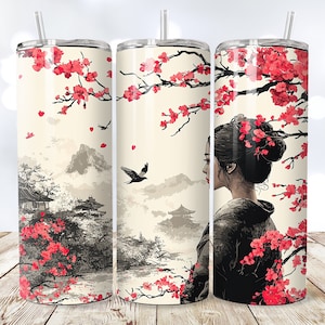 Sakura Nature Tumbler Wrap, bundle png Cherry Blossom Tree, design sublimatico giapponese, involucro per tumbler da 20 once, primavera floreale giapponese, ragazza Geisha