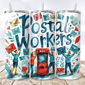Postangestellter 20 Unzen Skinny Tumbler Wrap Sublimationsdesign, SEAMLESS Tumbler, niedliche Postbote Briefstempel Collage, digitaler Download PNG