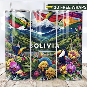 Bolivie PNG, emballage de verre transparent 20 oz, drapeau bolivien, téléchargement numérique instantané, sublimation de la Bolivie, perroquets tropicaux et fleurs