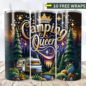 Camping Queen Tumbler Wrap, 20 oz Camper Sublimation Tumbler Design, Camping Tumbler Wrap, Outdoor Camping Lover, Camper Van Digital Design