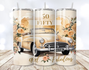 Vaso Fifty and Fabulous PNG, envoltura sin costuras, envoltura para vaso de 50 cumpleaños, diseño vintage de diamante, vaso delgado de sublimación de 20 oz