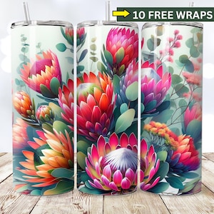 Plantilla de sublimación para vaso delgado de 20 oz con diseño floral de planta de protea, diseño digital de cactus, arbusto de azúcar PNG