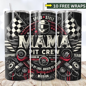 Pit Crew Mama png, racevlag png, raceshirt verjaardag sublimatie, autocoureur moeder digitale download, vuile oliefilter grunge beker