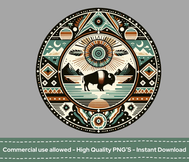 Indigenous Art Round PNG, Native American Design instant digital download, tribal clipart, American Indian sublimation design, buffalo png