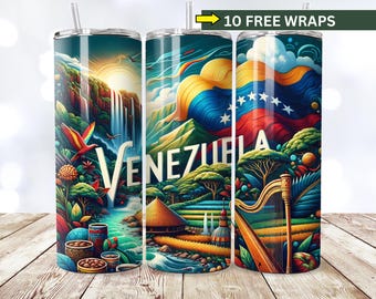 Può includere: Un set di tre bicchieri in acciaio inossidabile con disegni colorati che raffigurano una bandiera venezuelana, una cascata e un'arpa. I bicchieri hanno la scritta "VENEZUELA" stampata su di essi.
