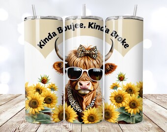 Kinda Boujee Kinda Broke PNG, Envoltura para vaso de 20 oz sin costuras, Vaca de las Tierras Altas bebé divertida PNG, Diseño de sublimación de mamá divertida, Diseño divertido de Boujee