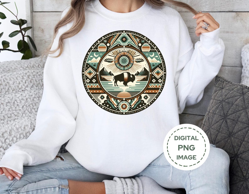 Indigenous Art Round PNG, Native American Design instant digital download, tribal clipart, American Indian sublimation design, buffalo png