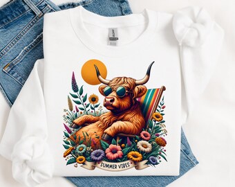 Summer Highland Cow PNG: Retro Beach Shirt Design (Digital Download)