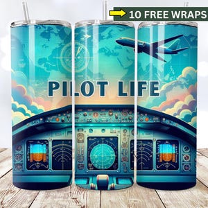 Envoltórios de copo fino de 20 oz para pilotos, envoltório de copo de piloto de painel de instrumentos de voo, design de sublimação de piloto, download instantâneo, piloto PNG
