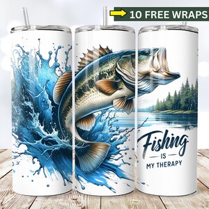 La pesca è la mia terapia 20 oz Skinny Tumbler Wrap Design a sublimazione Download digitale Divertente pescatore PNG Design digitale