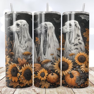 Autunno Zucca Fantasma SEAMLESS Tumbler Wrap, Whippet Sublimazione Design, Whippet Tumbler, Retro Autunno, Trendy Floral Autumn Dog Ghost Png