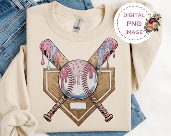 Può includere: Un'illustrazione digitale di due mazze da baseball incrociate su una palla da baseball. Le mazze sono ricoperte di glassa rosa e blu e hanno delle codette. Anche la palla da baseball è ricoperta di glassa e codette.
