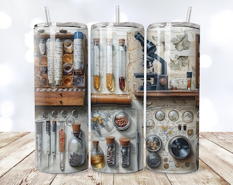 May include: A stainless steel tumbler with a wrap-around design depicting a vintage laboratory. The design includes a microscope, test tubes, and scientific instruments, all in an antique style. The tumbler has a clear straw.