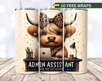 Highland Cow Admin Assistant 20oz Tumbler PNG (Digital Download)