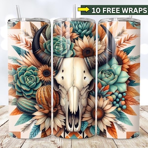 Boho Aztec 20oz tumbler wrap, SEAMLESS 20 oz Western Bull Skill sublimation design, Rustic Watercolor Cactus Tribal Pattern Tumbler Wrap Png