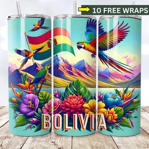 以下が含まれることがあります： オウム、ボリビアの国旗、山、花が描かれたカラフルなデザインの、3つのターコイズ色の断熱タンブラー。 下部には「BOLIVIA」の文字が表示されています。 各タンブラーには、シルバーの蓋とストローが付いています。