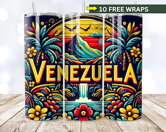 Op de afbeelding: Een roestvrijstalen tumbler met een kleurrijk ontwerp met een tropische scène, een waterval en het woord "VENEZUELA".