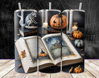 Envoltura para vaso de libro de hechizos sin costuras, Halloween png, diseño de sublimación para vaso delgado de 20 oz, temporada espeluznante, libro de hechizos PNG, descarga digital