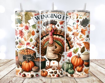 Thanksgiving kalkon tumbler wrap PNG, sömlös, höst 20 oz smal sublimeringstumbler PNG, trendig Thanksgiving tumbler design digital nedladdning