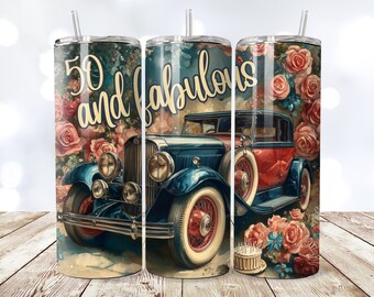 Vaso Fifty and Fabulous PNG, envoltura sin costuras, envoltura para vaso de 50 cumpleaños, diseño vintage de diamante, vaso delgado de sublimación de 20 oz