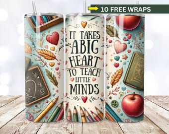 Leraar Tumbler Wrap PNG: Big Heart Little Minds-ontwerp (naadloos, digitale download)