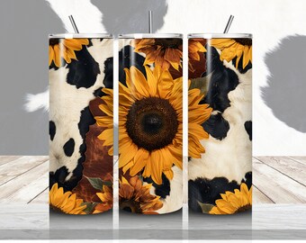 Sunflower Cow Print 20oz Skinny Tumbler Wrap, Sublimation Design for tumblers,Digital Download PNG,Western Mom Tumbler Wrap PNG, Cowhide PNG
